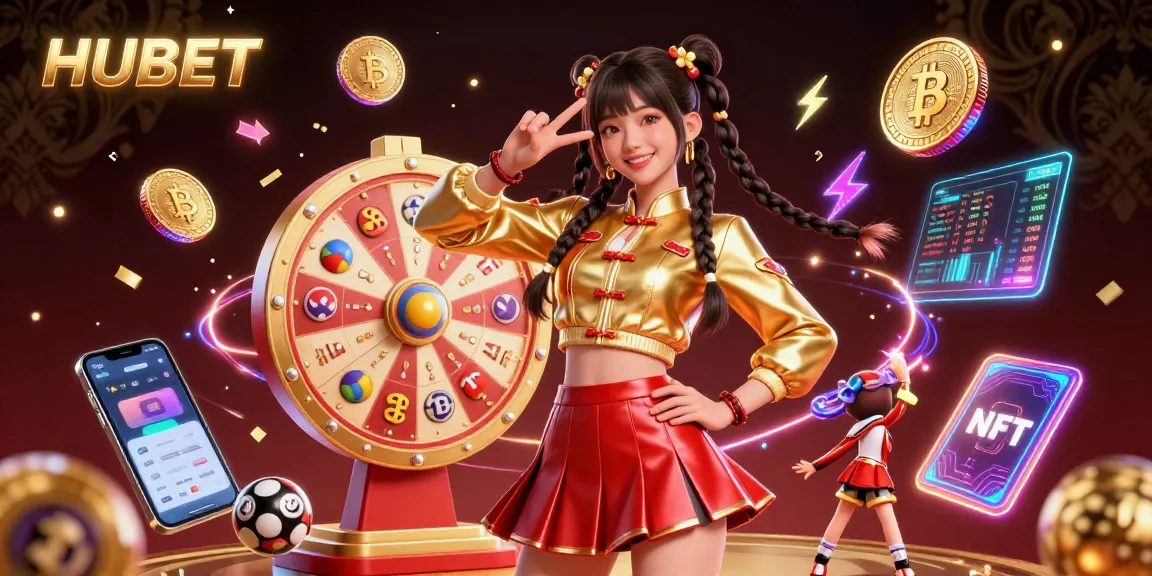 Engaging scene of HUBET with an Asian woman surrounded by colorful lottery balls and a spinning prize wheel, capturing excitement.