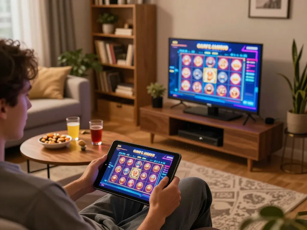 Pemain menikmati permainan slot online vm777 di rumah, menunjukkan suasana permainan santai dengan tampilan tablet.