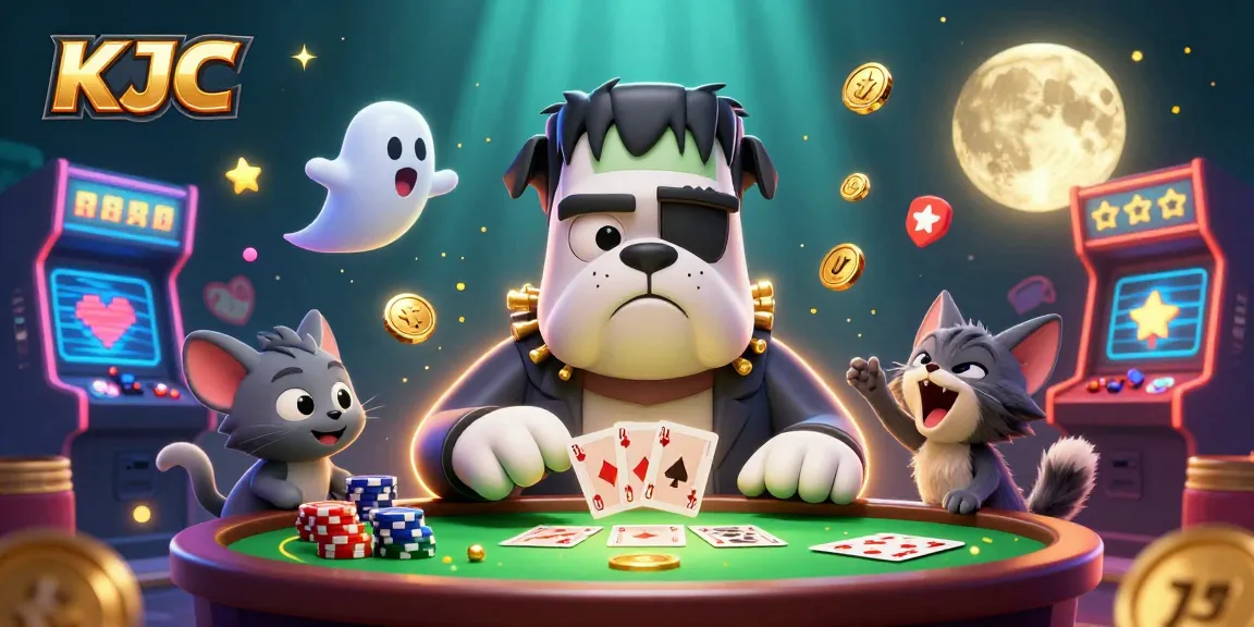 Engage in thrilling gameplay with KJC as characters deal cards and celebrate under a vibrant night sky.
