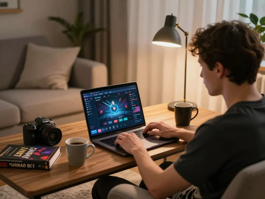 Tham gia trò chơi trực tuyến với giao diện Link 12bet trên laptop trong không gian phòng khách ấm cúng.