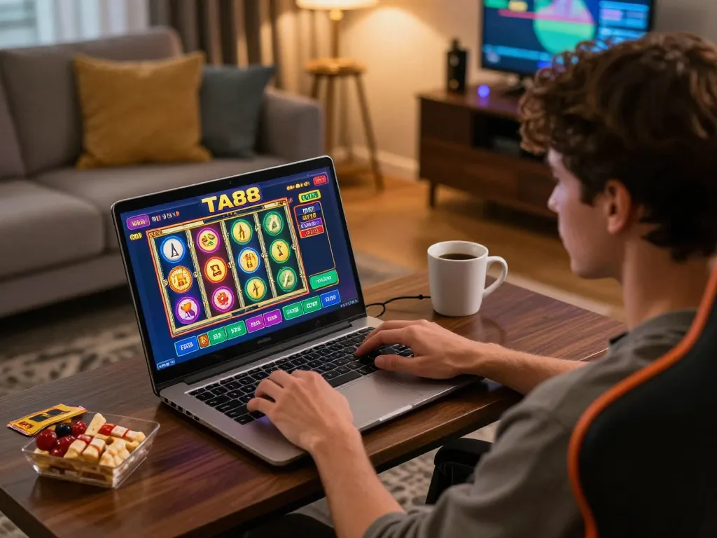 Engaging with the TA88 slot game on a laptop during casual online gambling.