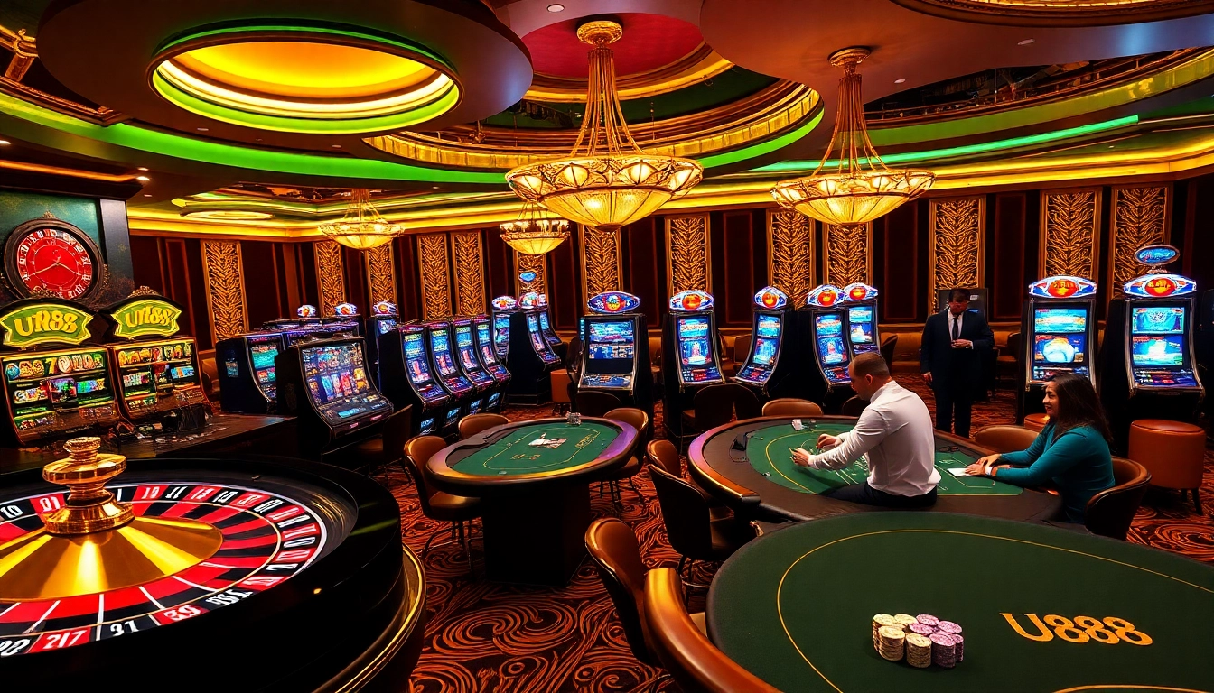 Players enjoying a thrilling game at U888 casino tables, surrounded by vibrant slot machines and roulette wheels.