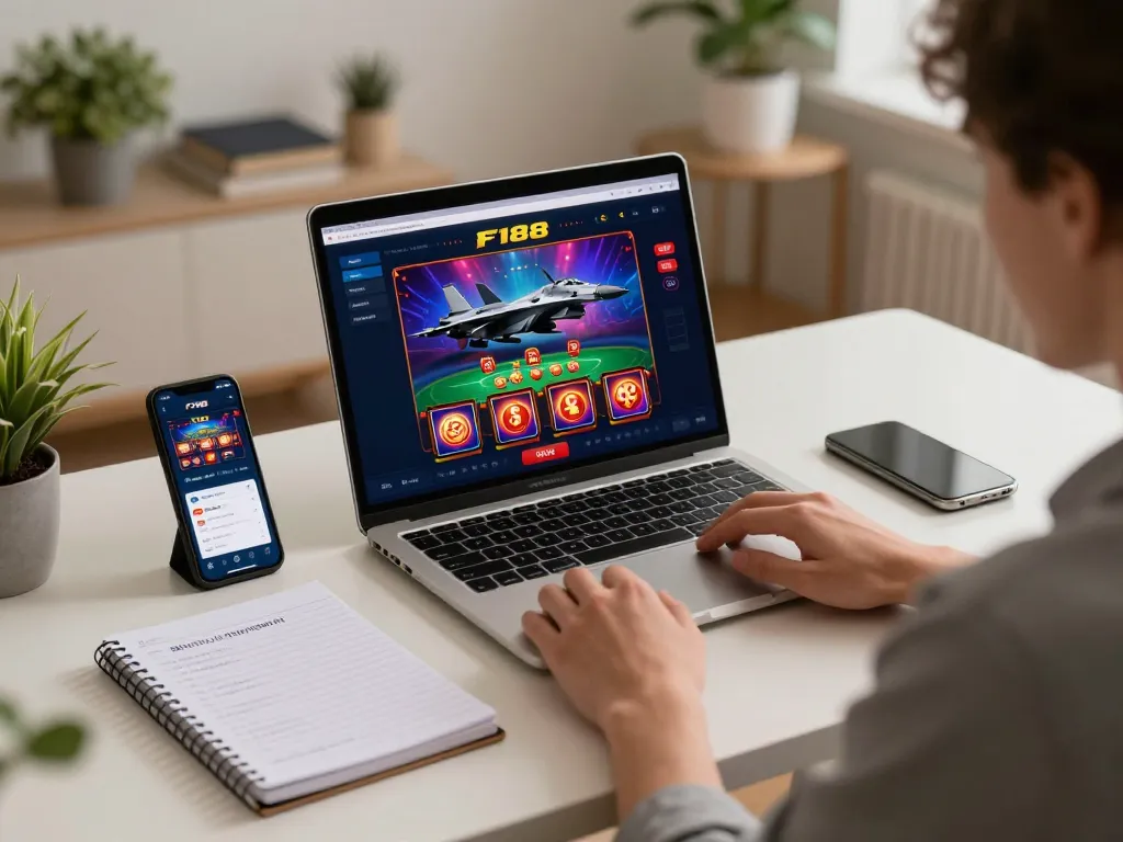 Engaged gambler exploring F168 online casino on laptop, with strategic notes for responsible gaming.