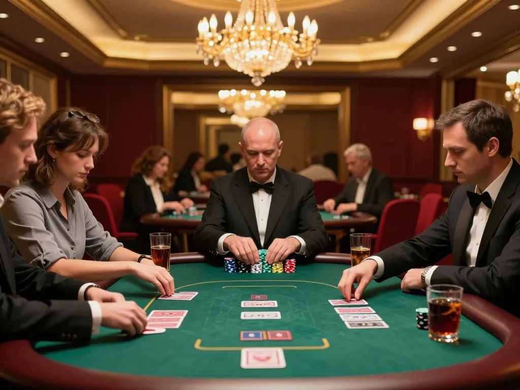 Players competing at a high-stakes poker game in HZ88's luxury casino setting