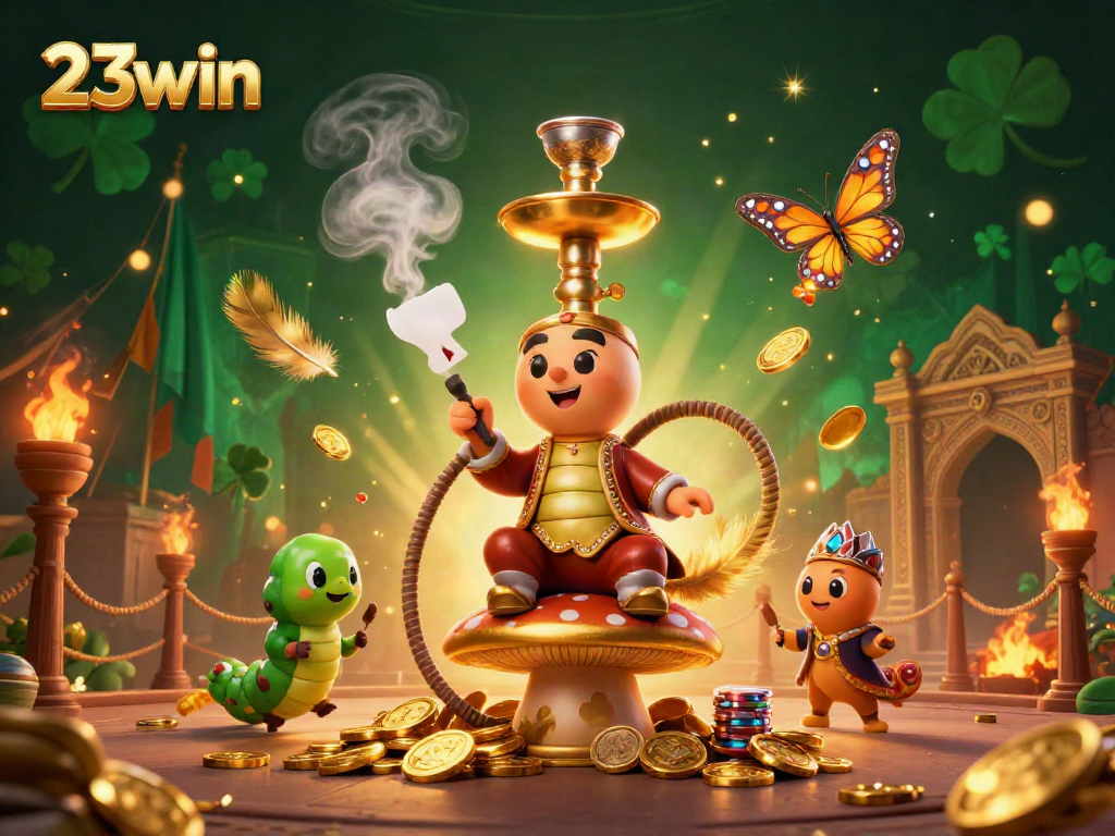 Experience thrilling gameplay with 23win as a cartoon caterpillar master blends poker symbols and golden coins in a vibrant scene.