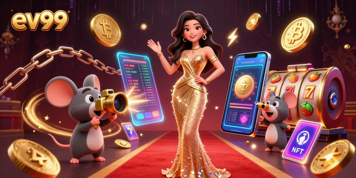 Spin the reels with ev99 as a glamorous figure dazzles on the red carpet amid vibrant casino elements.