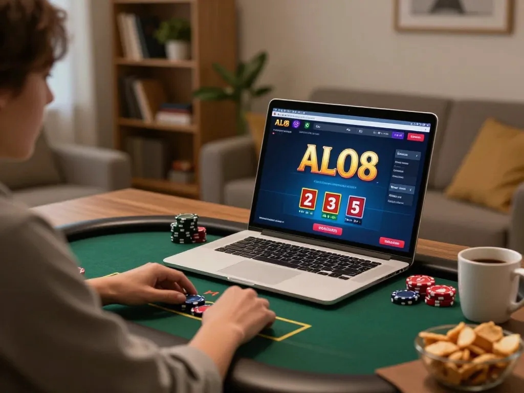 Player engages in online casino action with ALO8 interface on laptop, enjoying a cozy home atmosphere.