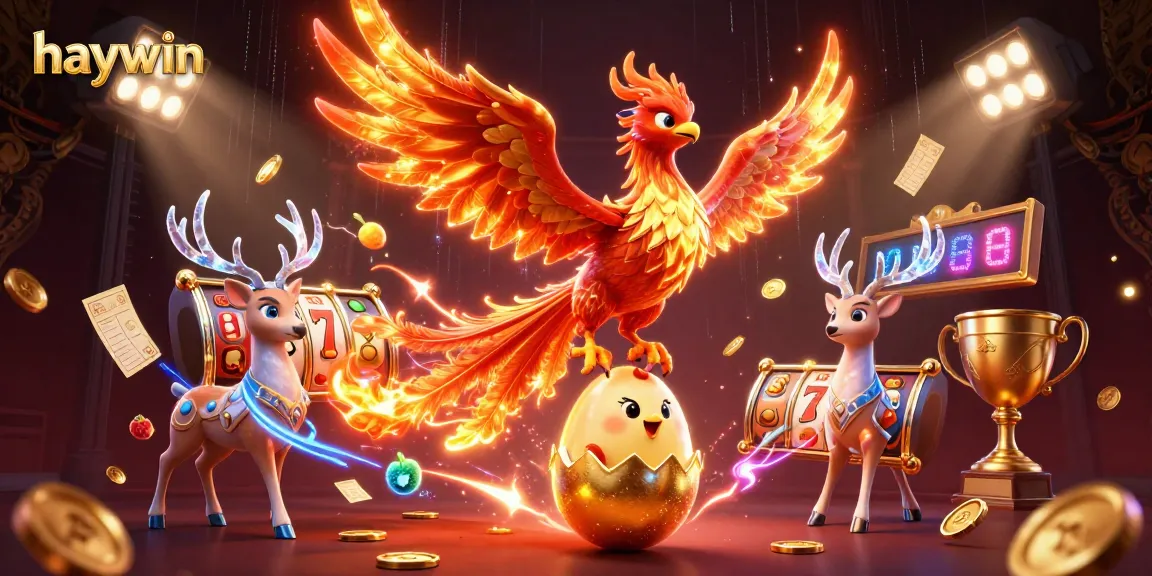 Experience winning thrills with haywin in a vibrant 3D casino scene showcasing slot reels and a phoenix.