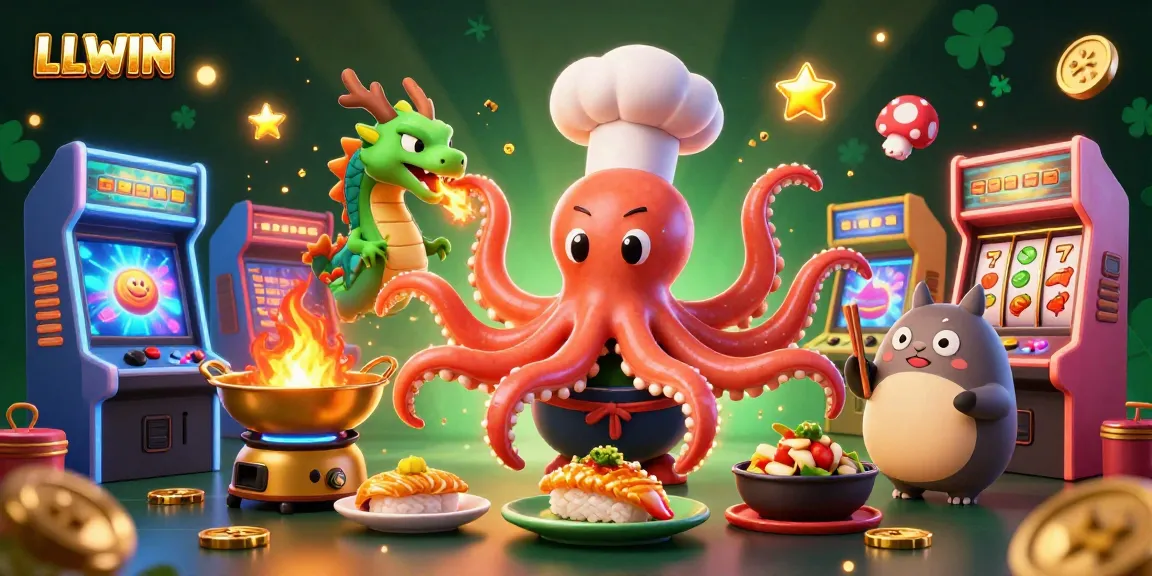 LLWIN features a dynamic 3D scene with a sushi chef octopus and dragon in an engaging casino environment.