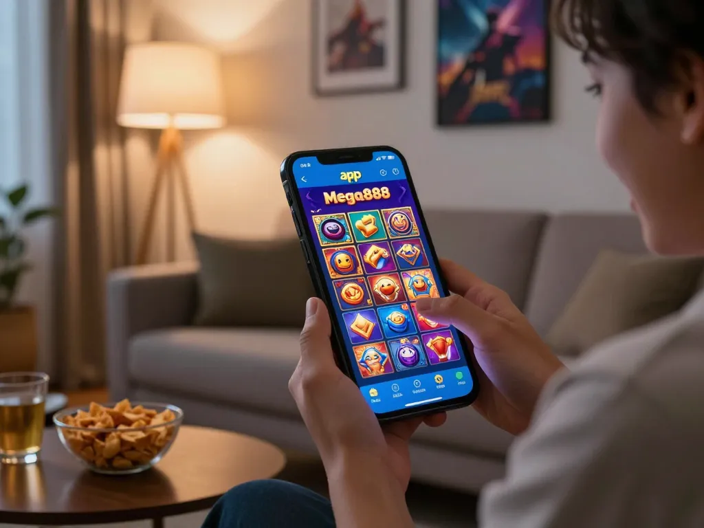 Enjoying apk mega888 on a mobile device in a cozy gaming environment