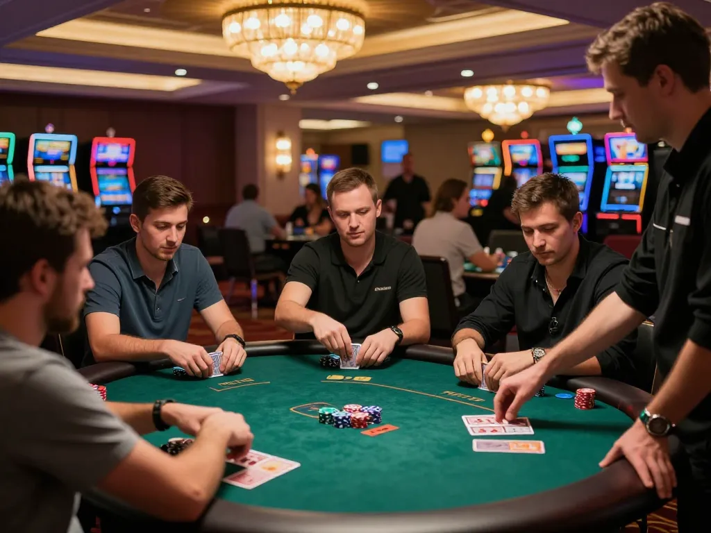 Engaging players at a high-stakes poker game in an upscale casino, capturing the mb66 atmosphere of strategic gameplay.