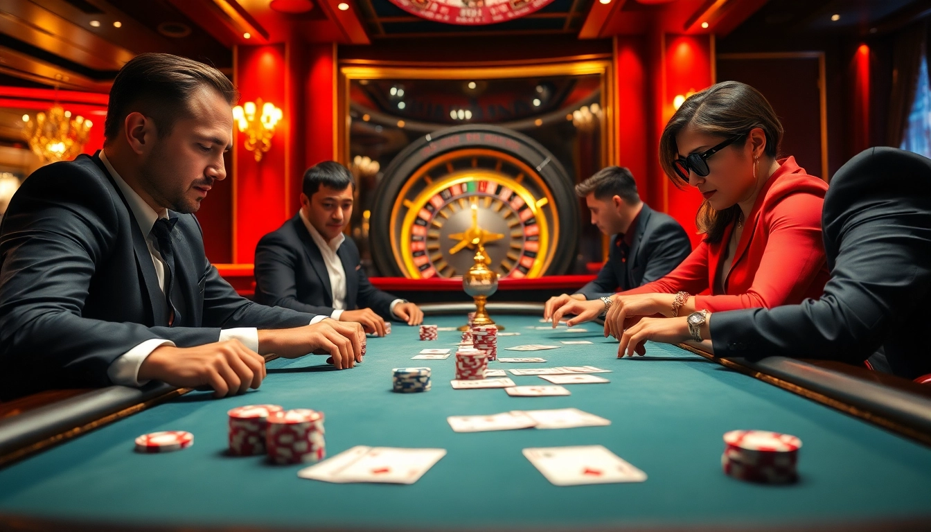 A thrilling poker scene at https://78winbiz.com/ featuring intense players, colorful chips, and dramatic casino ambiance.