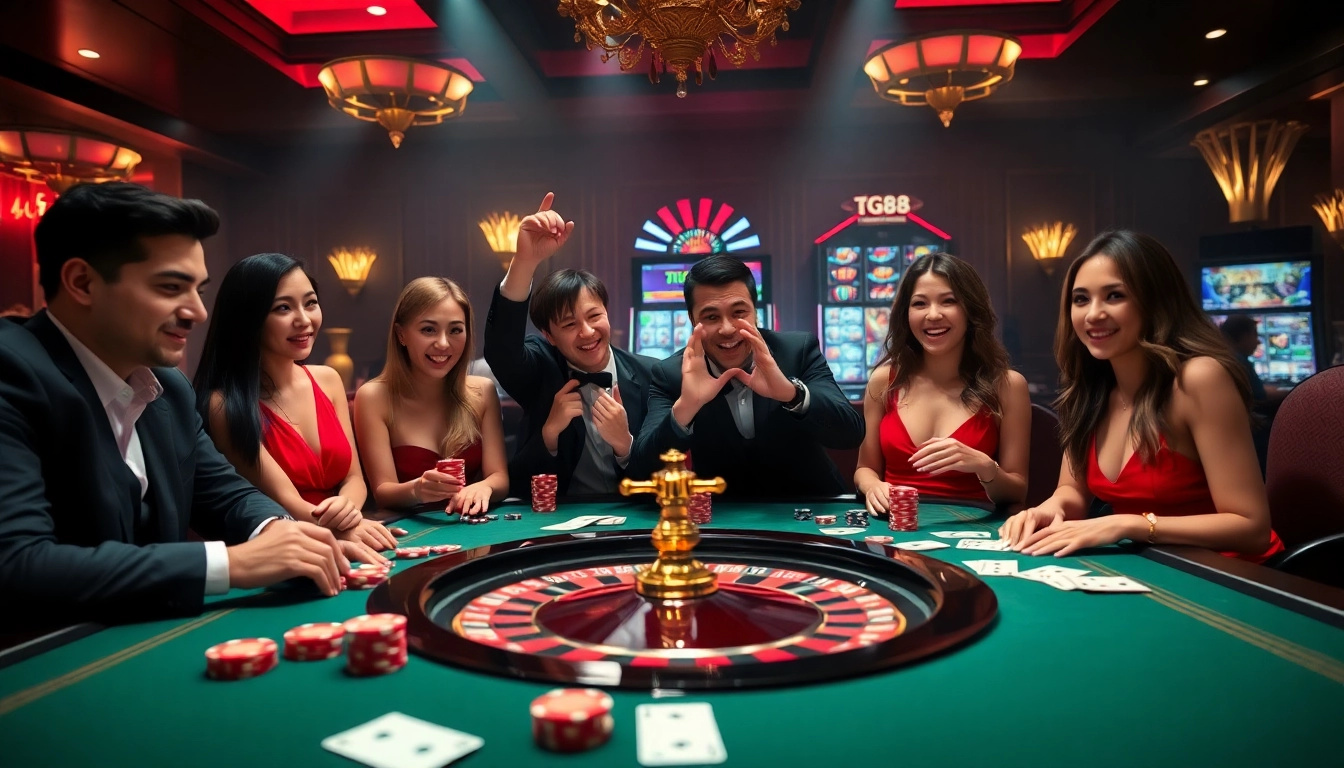 Players engaging at a TG88 online gambling table with chips and cards.