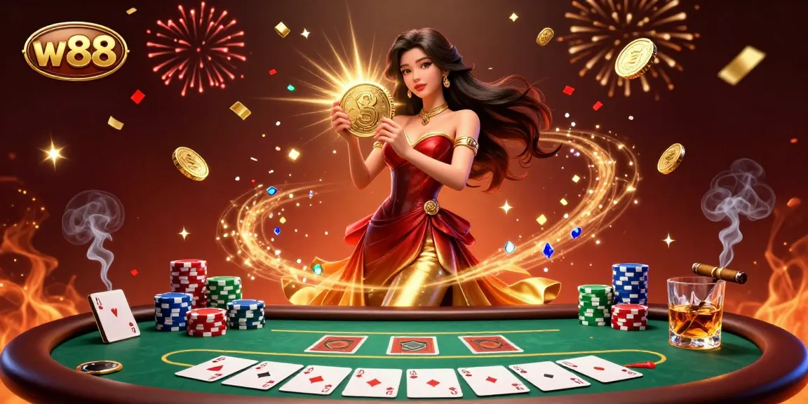 w88 captures the excitement of high-stakes poker with a stunning Asian woman and showering coins during gameplay.