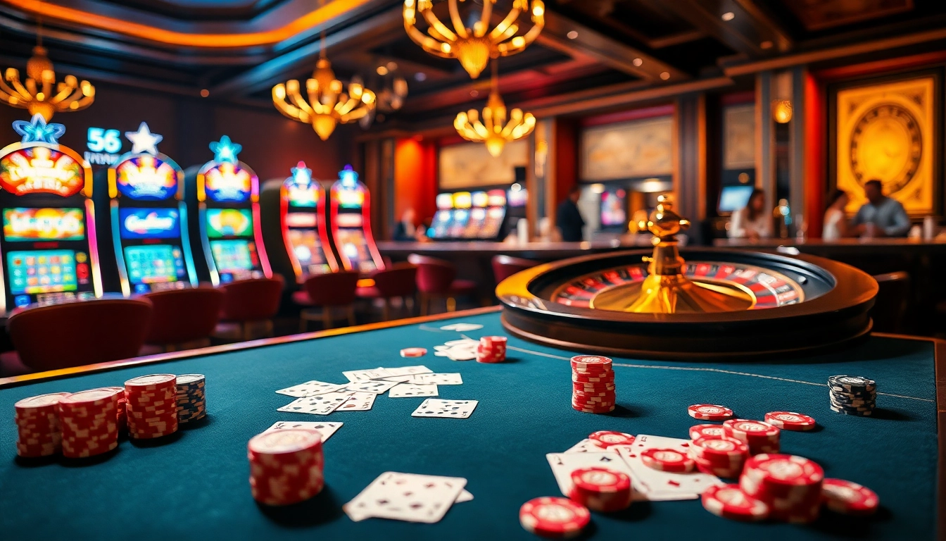 Experience the thrill of 56win at a lively casino with poker tables and roulette wheels.