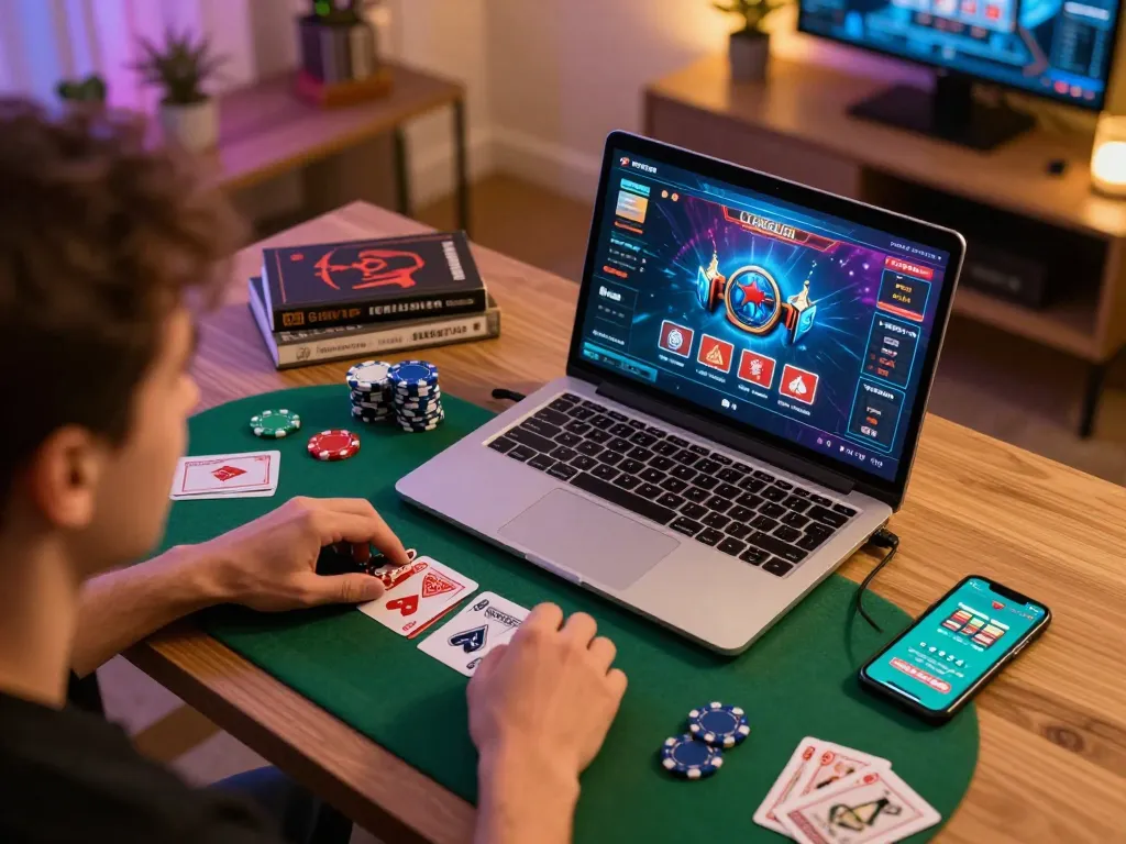 Player enjoying a strategic session of 23Win casino games at home with friends.