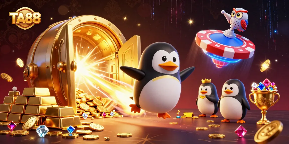 TA88 casino-themed illustration showing a golden penguin and poker chip station in space