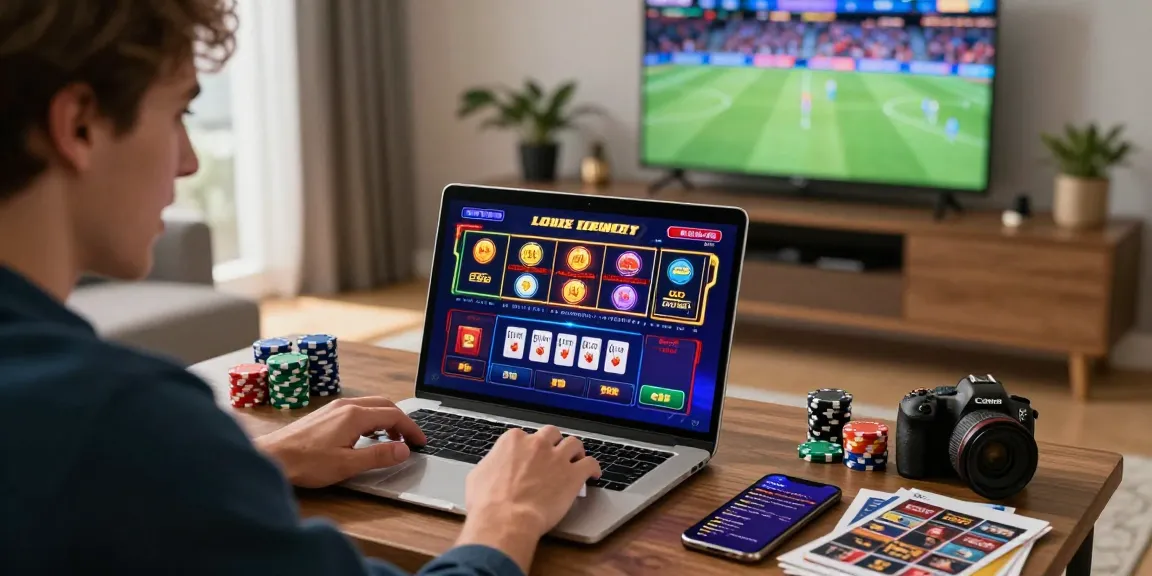 Thrilling online gambling experience with 123b gaming interface in cozy home setting.