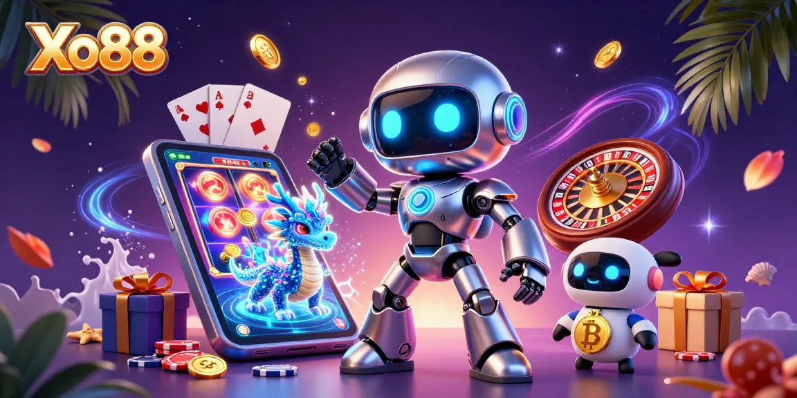 Xo88 offers an exciting casino experience with a 3D robot mascot, slot games, and neon elements.