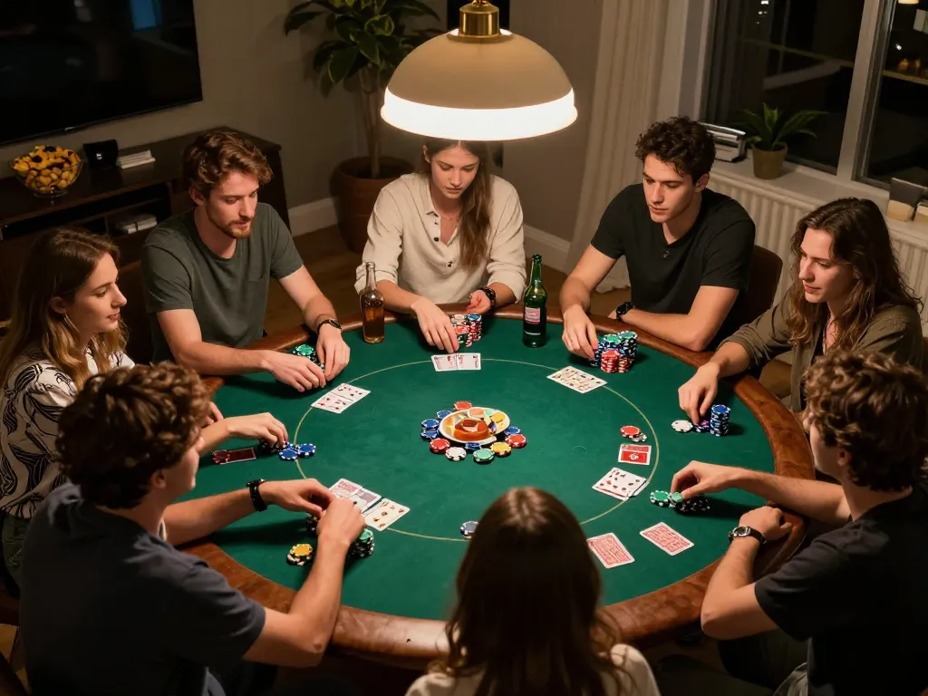 Engaged players enjoying a poker night at home, KJC promoting social interactions through gaming.