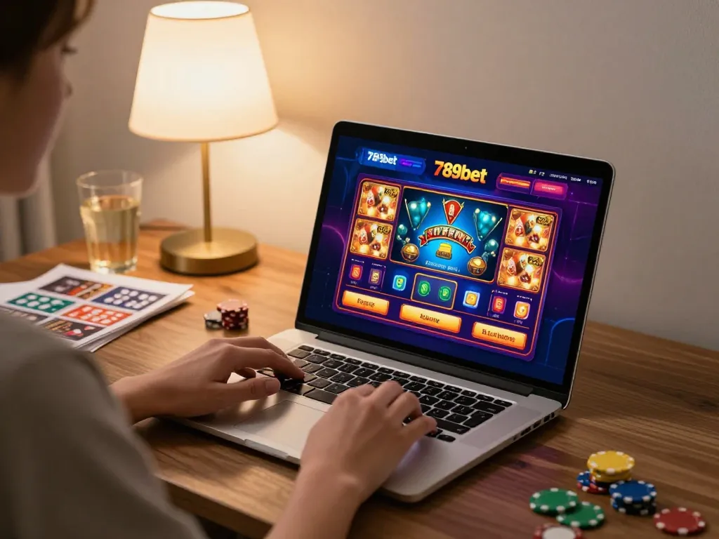Engaging in online gaming at home with 789bet, featuring vibrant game interface and strategy notes.