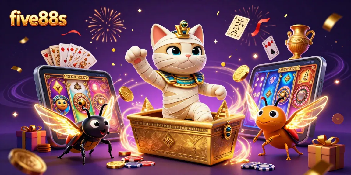 Experience the excitement of five88s with a 3D mummy cat and scarab in an ancient casino adventure!