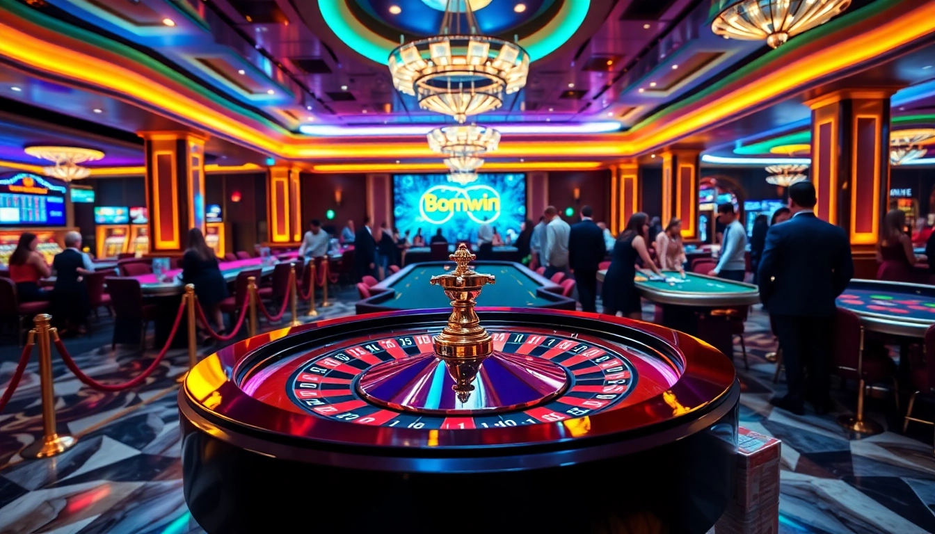 Exciting casino scene featuring Bomwin theme with roulette wheel, eager players, and stacked poker chips.