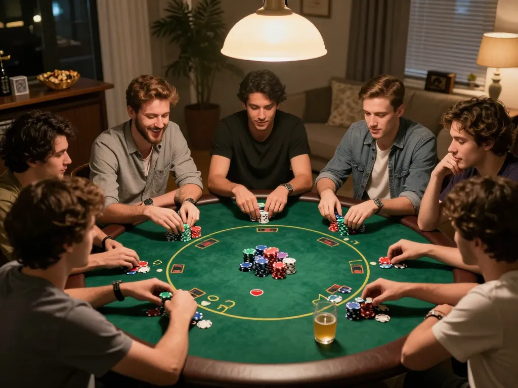 Players enjoying an exciting poker night at home, showcasing lc88 gaming strategy in a social setting.