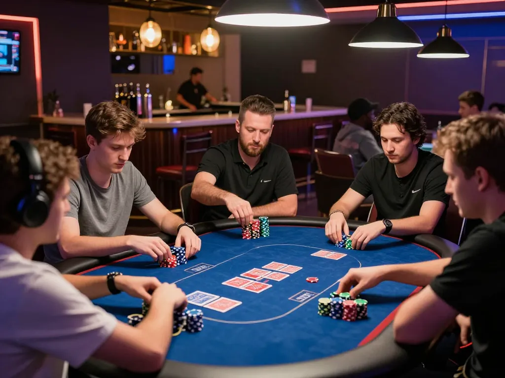 Players strategizing and placing bets at hitclub's vibrant poker table amidst an engaging atmosphere.