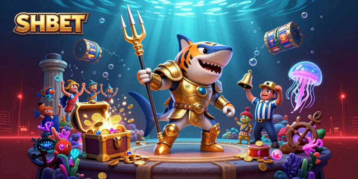 Join the excitement at SHBET with a fierce tiger shark and underwater treasures in this thrilling casino scene.