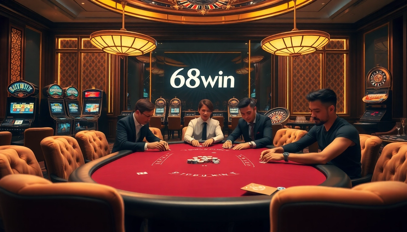 Players enjoying a vibrant poker game featuring 68win branding in a luxurious casino setting