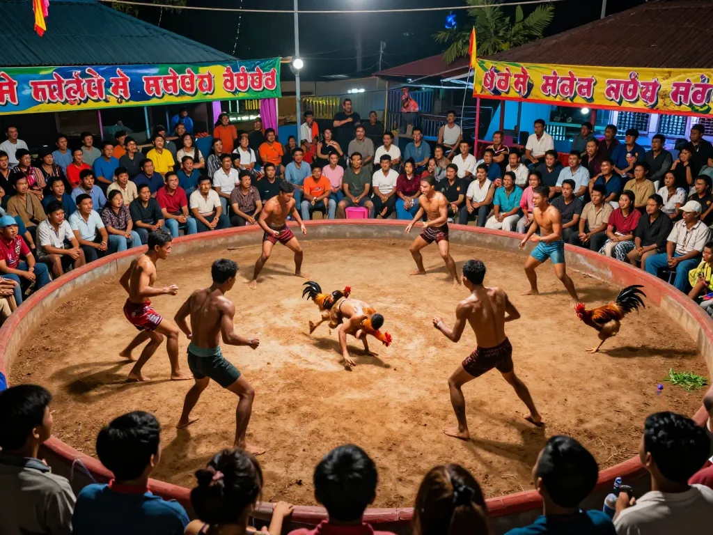 Witness Đá gà thomo live action with dynamic matchups in a vibrant arena, capturing the thrilling atmosphere of chicken fighting.