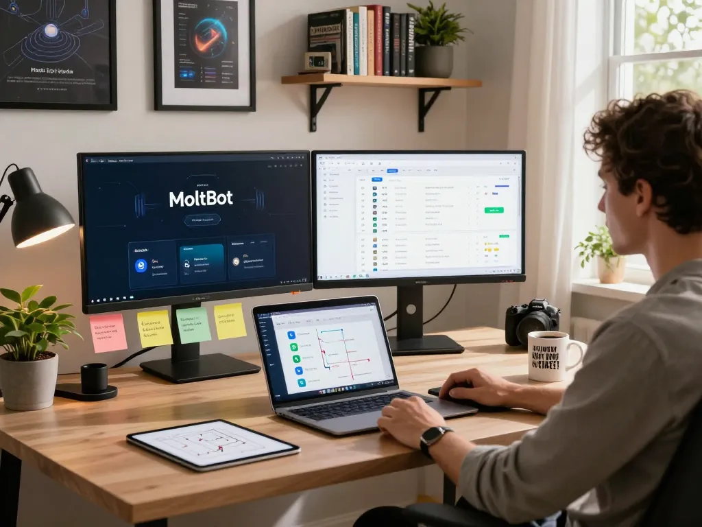 MoltBot setup in a modern home office showcasing AI task management interface and messaging apps integration.