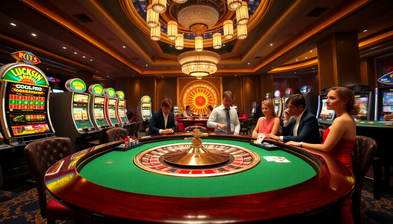 Exciting table action at Luckywin casino featuring roulette and vibrant slot machines.