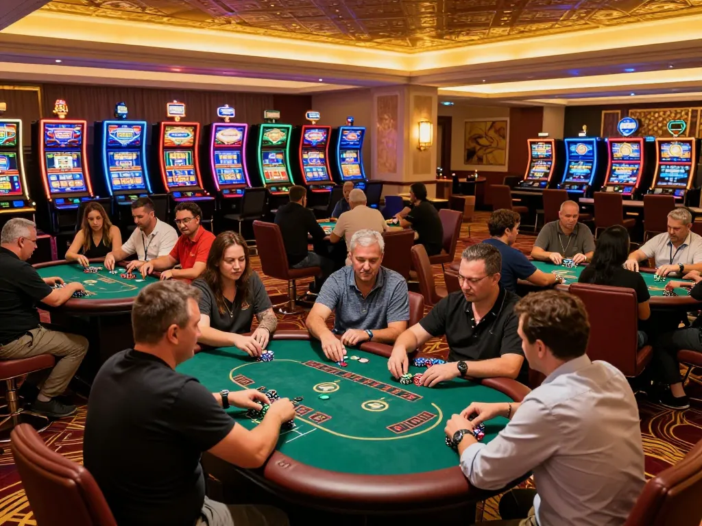 BET168 players enjoying a poker game at an upscale casino with vibrant atmosphere.