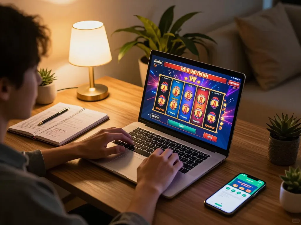 Player spins the reels on bayvip online casino, celebrating a win in cozy home setting.