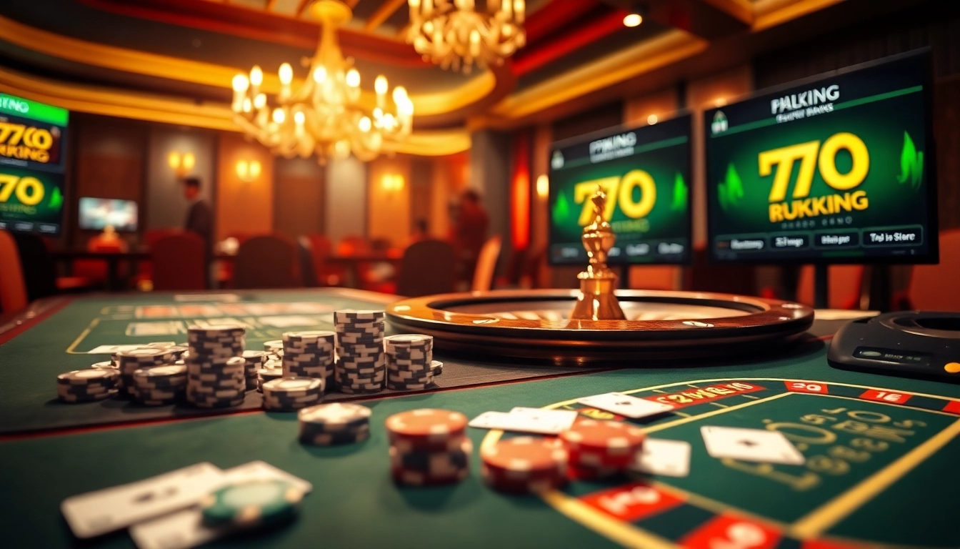 79KING offers exciting gameplay with poker chips and roulette wheels in a stunning casino setting.