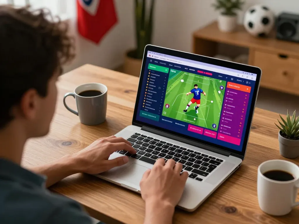 Tracking ผลบอลวันนี้ in a lively online sports betting setup with real-time scores on laptop