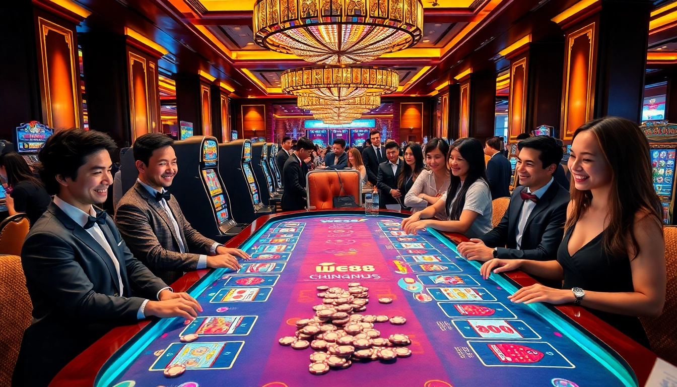 Experience the excitement of WE88 at a modern casino table with dynamic players and vibrant gaming elements.