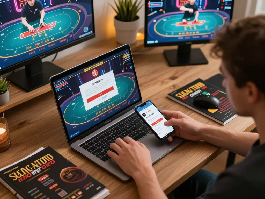 Sungaitoto login interface visible on smartphone while engaging with live dealer games on laptop.