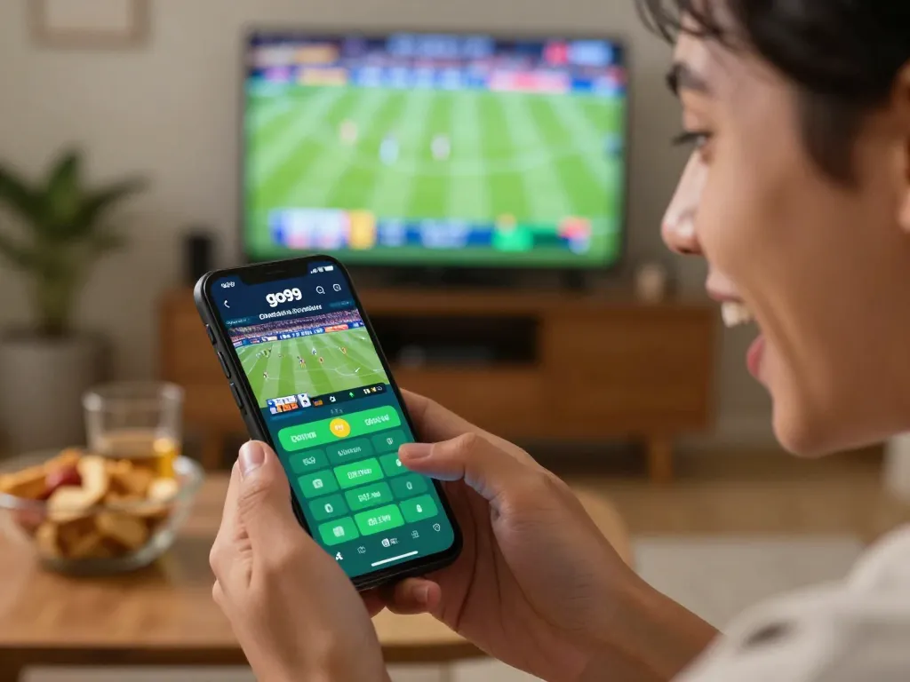 Person engaging with go99 sports betting app while watching live game, showcasing dynamic gambling experience