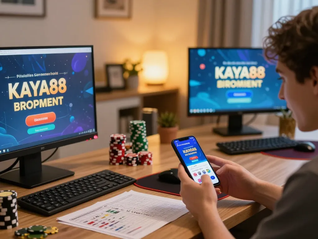 KAYA88 promotions displayed on smartphones and tablets in a cozy home gaming setup with players actively engaging
