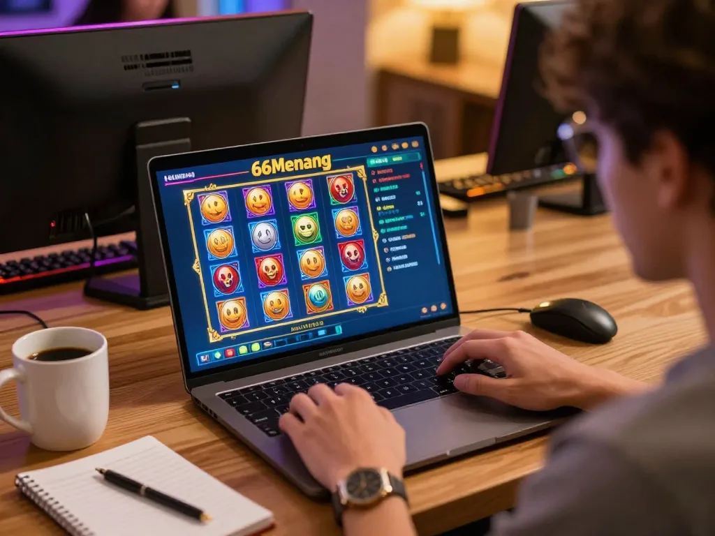Pemain berinteraksi dengan permainan slot online 66menang di laptop, menekankan permainan strategis dan pengalaman pengguna.