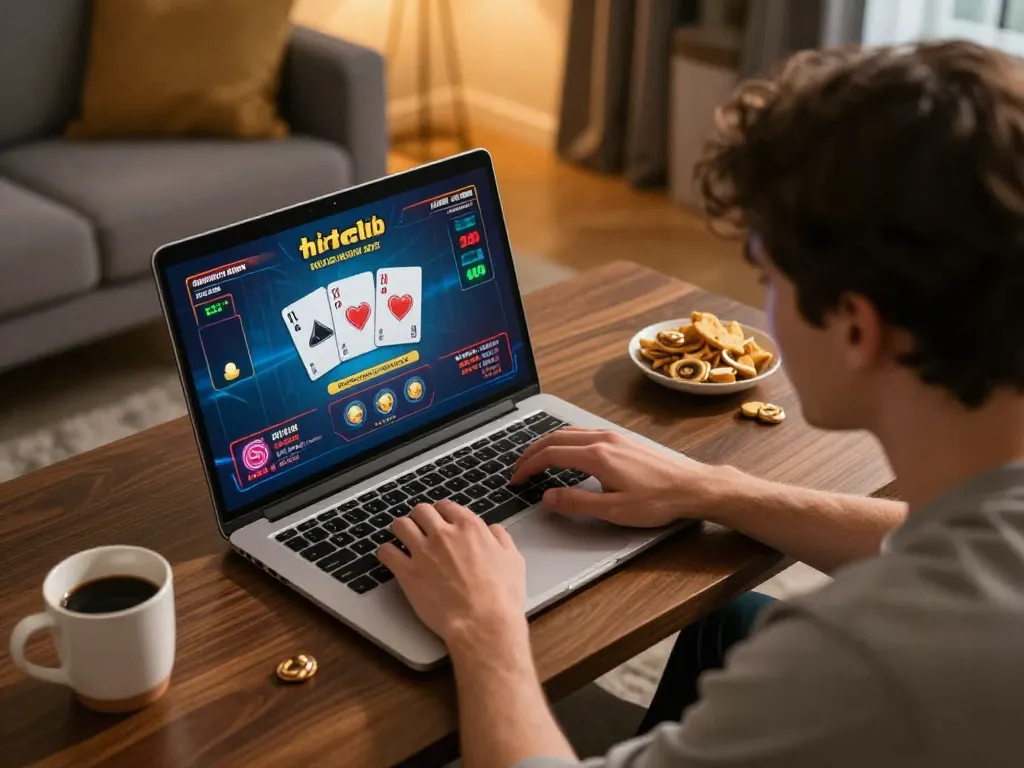 Engaging player strategizing in hitclub online casino game from a cozy home setup.