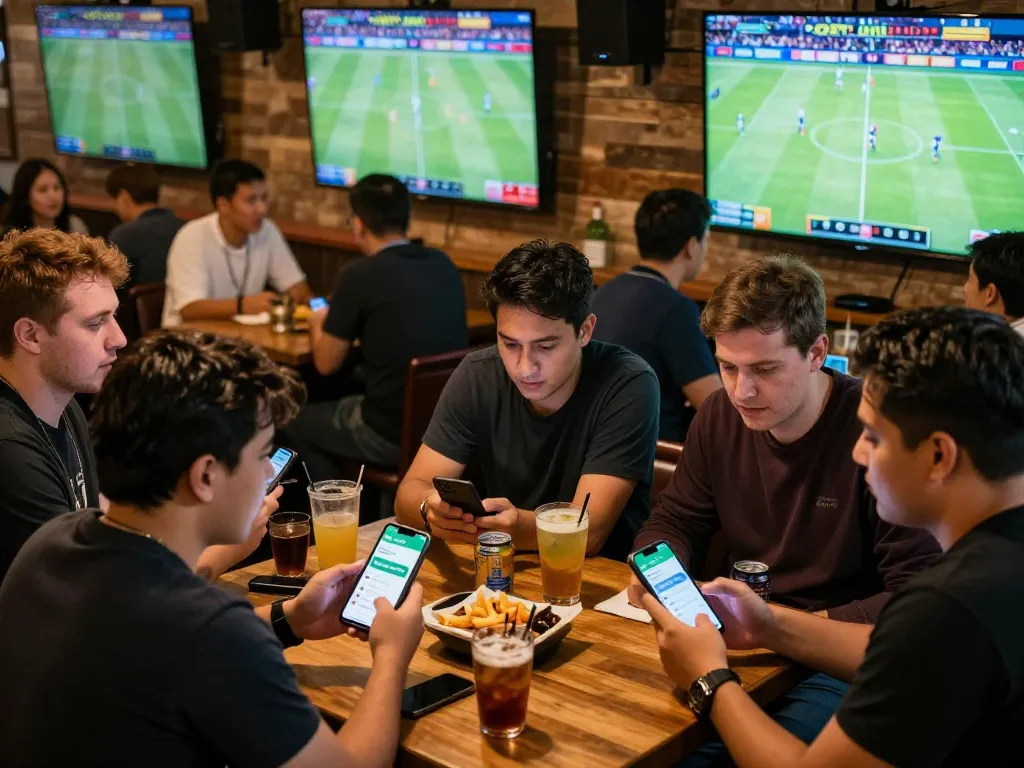 Bongdalu app users engaging in dynamic sports betting at a lively bar with screens showing live matches.
