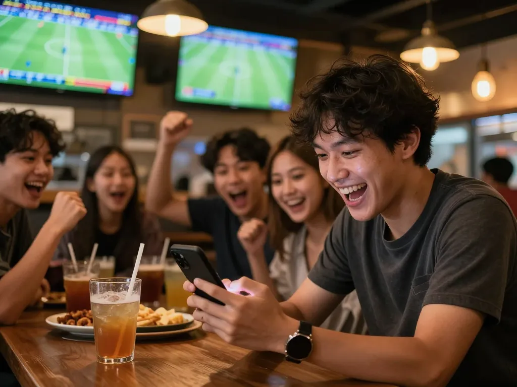 Cheering friends placing แทงบอลออนไลน์ bets in an exciting sports bar, capturing moments of joy and sports action.