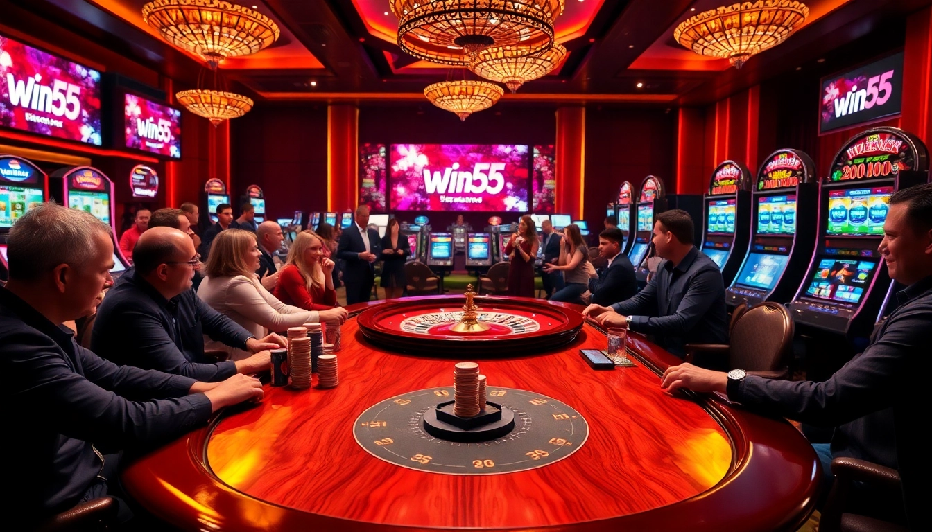 Win55 casino enthusiasts playing at a vibrant poker table with chips and roulette wheels.