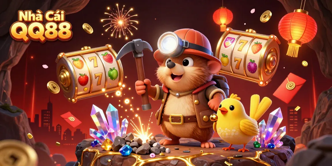 Experience the thrill of gaming with Nhà Cái QQ88, featuring a vibrant treasure hunt with slot reels and floating gold coins.