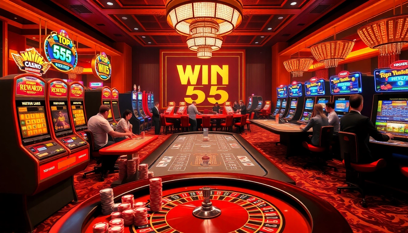 Engaging players at the luxurious Win 55 casino, showcasing vibrant slot machines and dynamic card games.