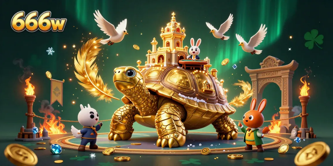 Engage with thrilling gameplay on 666w featuring a dynamic scene with a golden tortoise casino and vibrant animations.